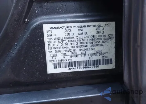 2006 Nissan Altima 2.5 S z USA, uszkodzony, nr VIN 1N4AL11D46N422390
